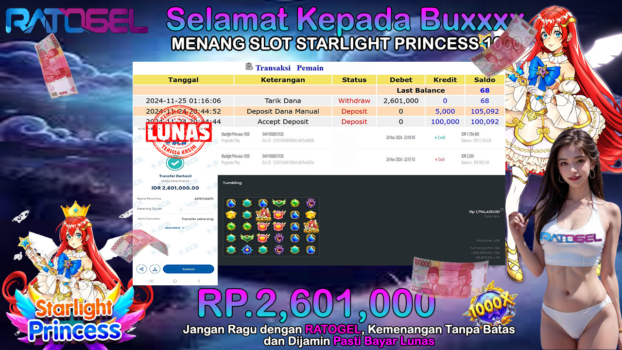 BUKTI JACKPOT SLOT STARLIGHT PRINCESS 1000 TERPERCAYA DI INDONESIA TGL 25-11-2024