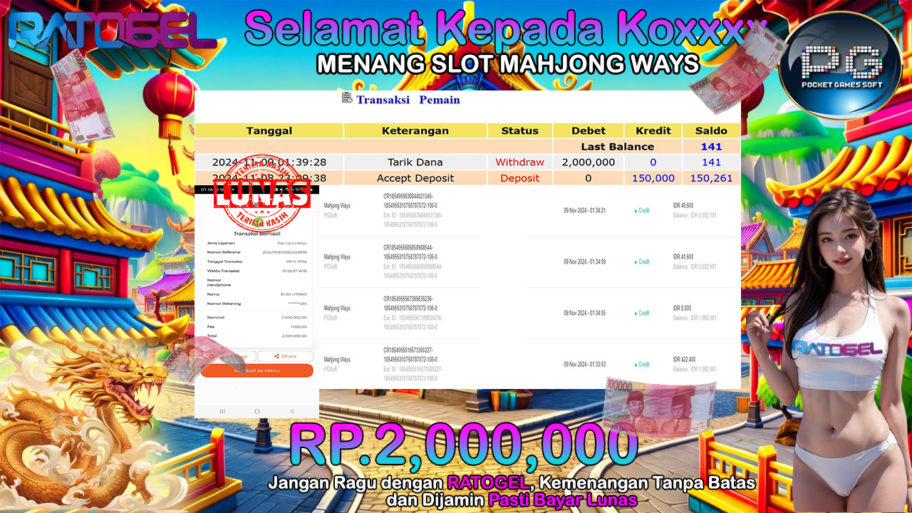 BUKTI JACKPOT SLOT MAHJONG WAYS TERPERCAYA DI INDONESIA TGL 09-11-2024